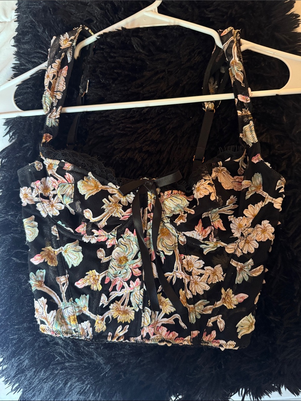 Black Victoria secret Floral Crop Top with Lace Trim